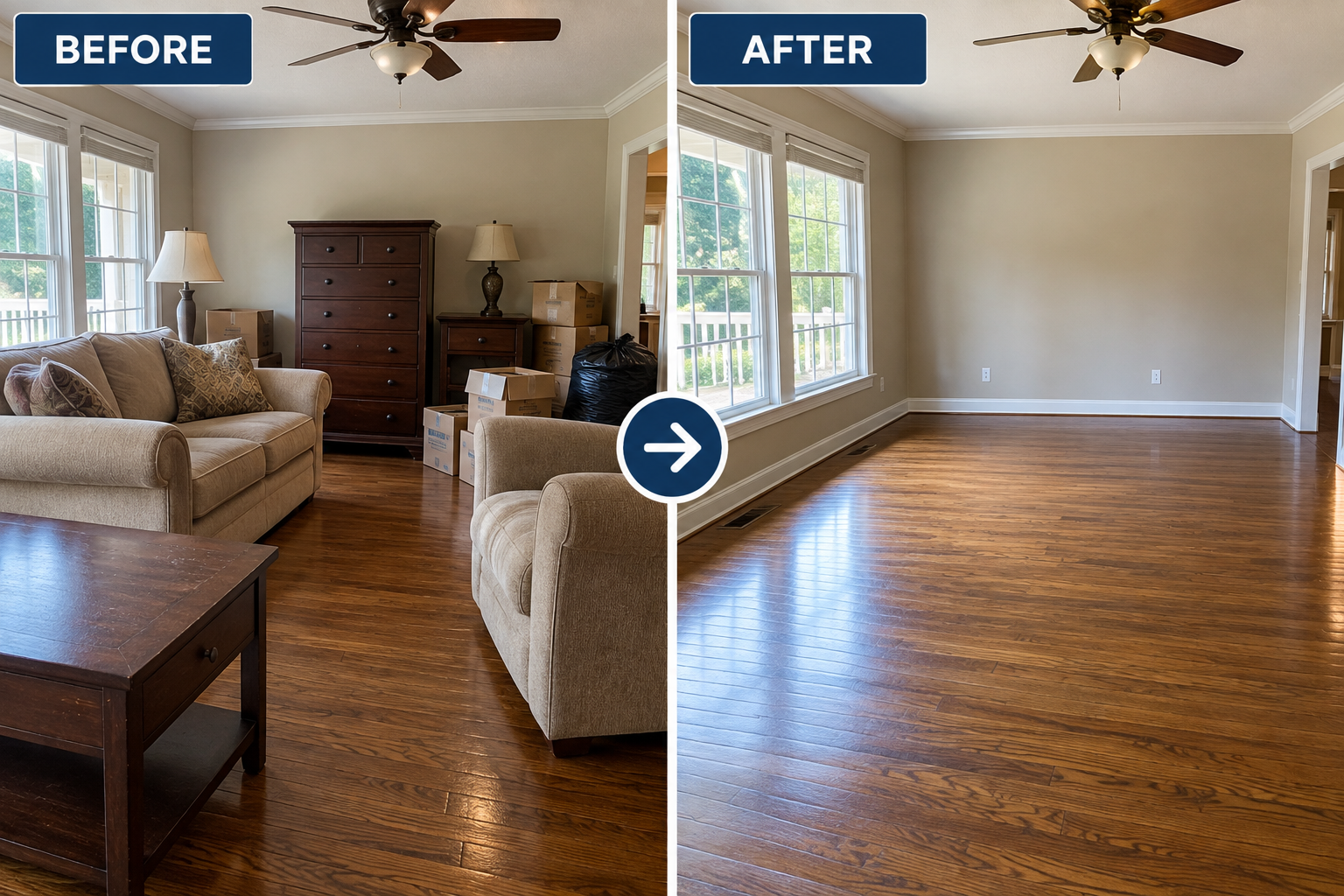Before and after pickup: a furnished room cleared out completely