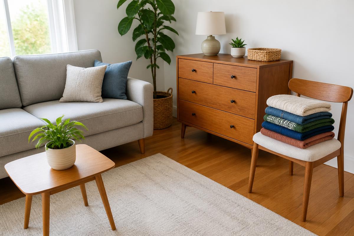 Clean secondhand furniture including a sofa, dresser, and chair ready for donation pickup